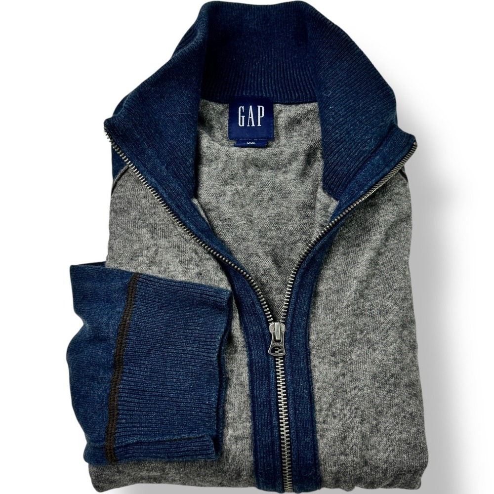 GAP Gray & Blue Vintage Full Double Zip Sweater Jacket Men's 2XL Cotton Wool